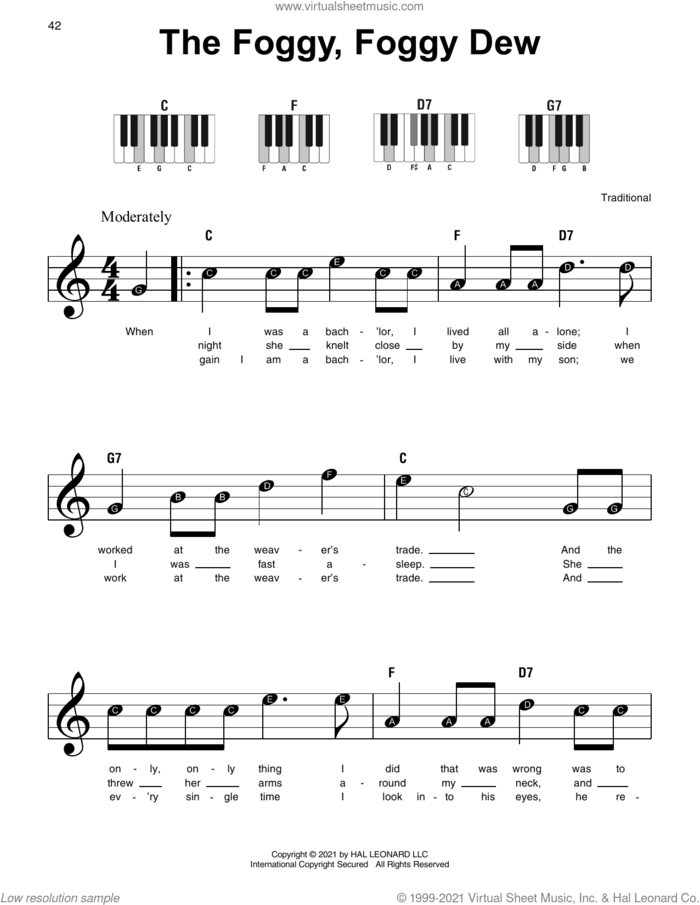 The Foggy, Foggy Dew sheet music for piano solo, beginner skill level