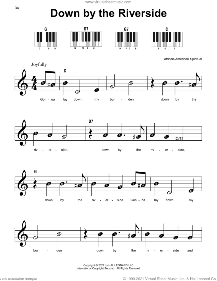 Down By The Riverside sheet music for piano solo, beginner skill level