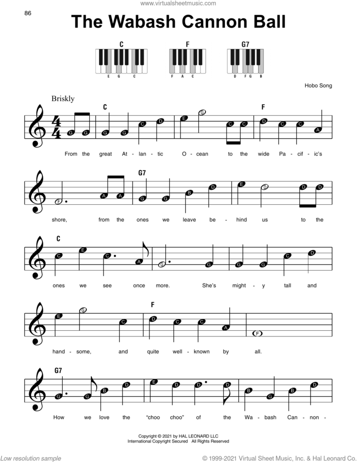 The Wabash Cannon Ball sheet music for piano solo by Hobo Song, beginner skill level