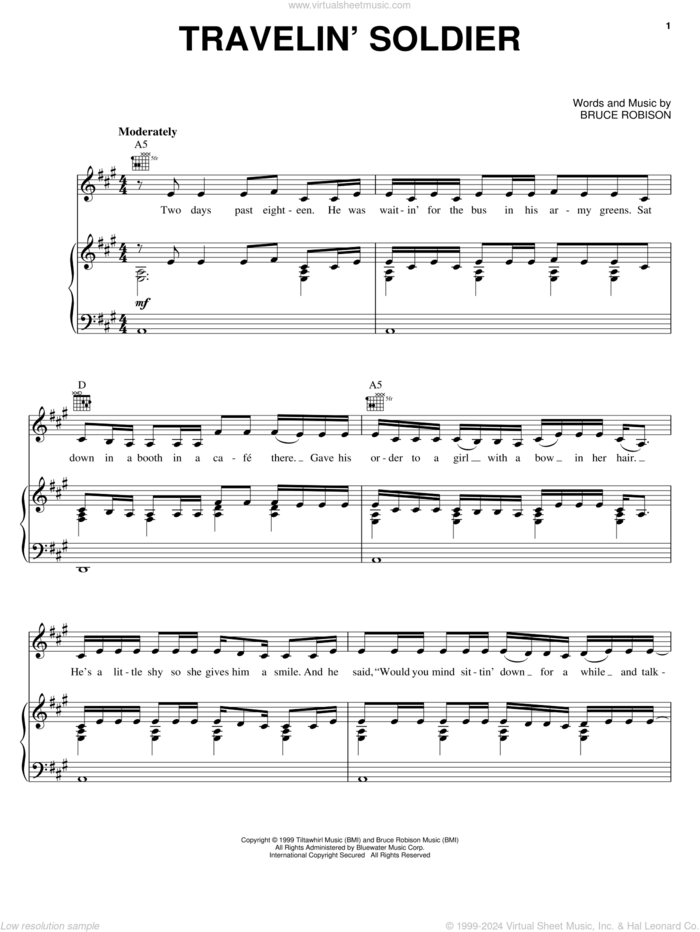 Travelin' Soldier sheet music for voice, piano or guitar by The Chicks, Dixie Chicks and Bruce Robison, intermediate skill level