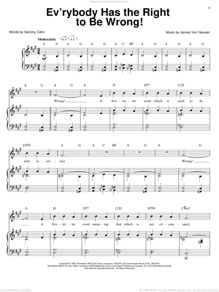 Ev'rybody Has The Right To Be Wrong! sheet music for voice, piano or guitar by Sammy Cahn and Jimmy van Heusen, intermediate skill level