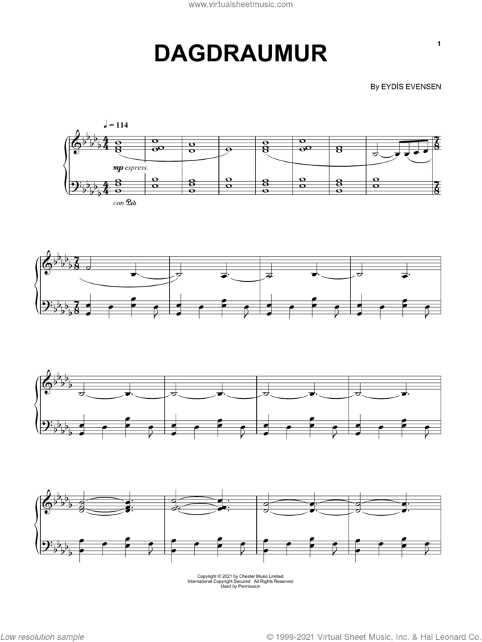 Dagdraumur sheet music for piano solo by Eydís Evensen, intermediate skill level