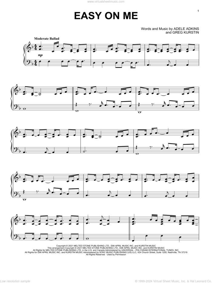 Easy On Me, (intermediate) sheet music for piano solo by Adele, Adele Adkins and Greg Kurstin, intermediate skill level
