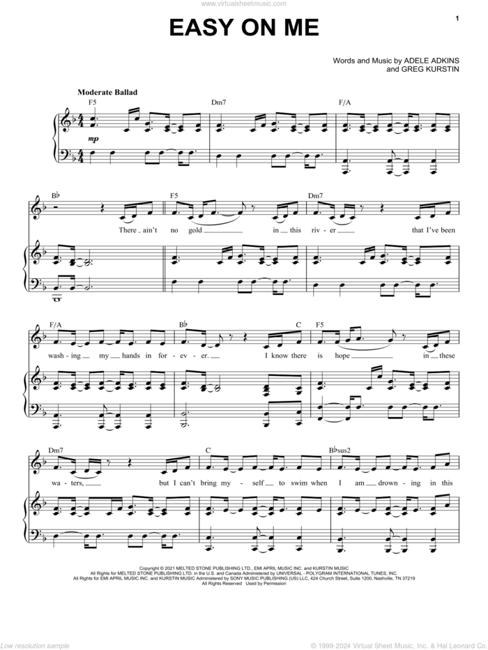 Easy On Me sheet music for voice and piano by Adele, Adele Adkins and Greg Kurstin, intermediate skill level