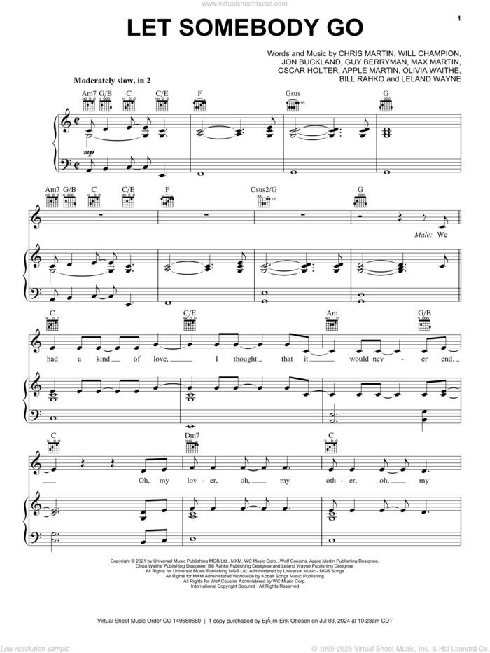 Let Somebody Go (feat. Selena Gomez) sheet music for voice, piano or guitar by Coldplay, Selena Gomez, Apple Martin, Bill Rahko, Chris Martin, Guy Berryman, Jon Buckland, Leland Wayne, Max Martin, Olivia Waithe, Oscar Holter and Will Champion, intermediate skill level