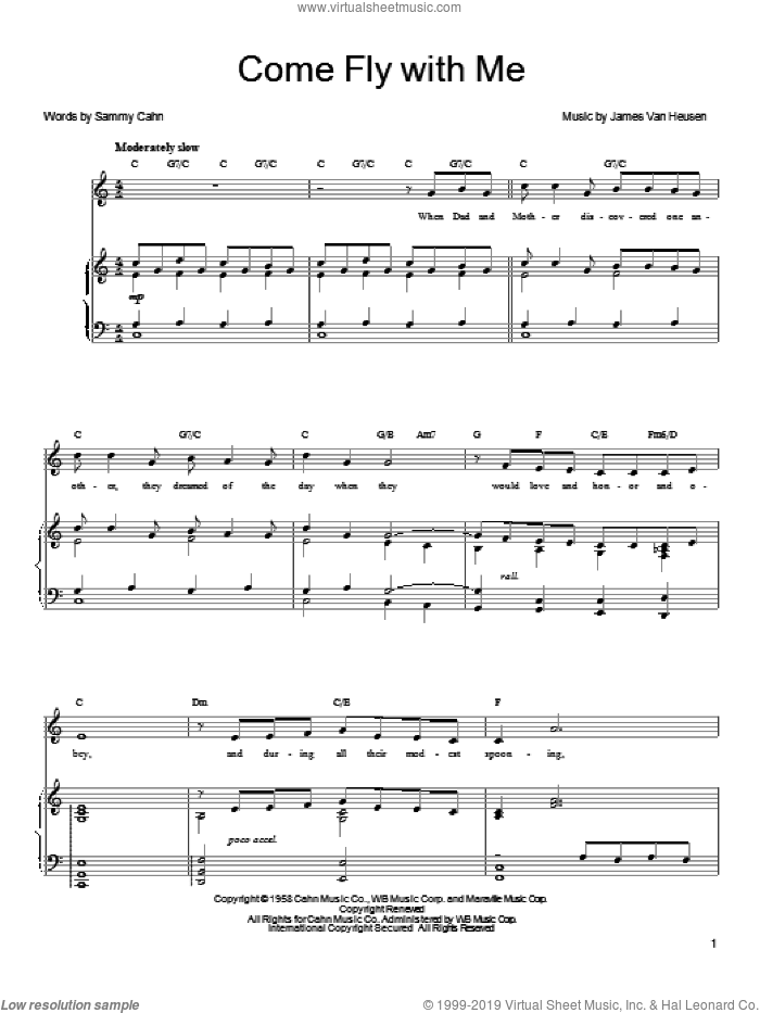 Come Fly With Me sheet music for voice, piano or guitar by Michael Buble, Frank Sinatra, Quincy Jones, Jimmy van Heusen and Sammy Cahn, intermediate skill level