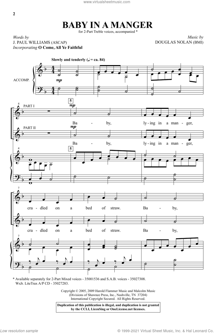 Baby In A Manger sheet music for choir (2-Part) by Douglas Nolan and J. Paul Williams and Douglas Nolan and J. Paul Williams, intermediate duet
