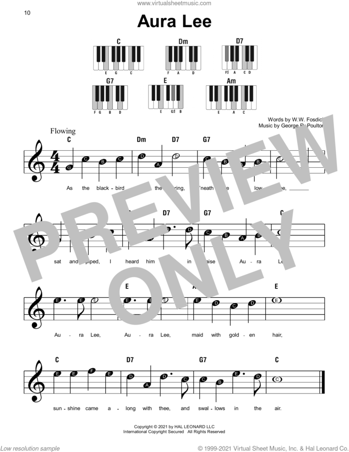Aura Lee sheet music for piano solo by George R. Poulton and W.W. Fosdick, classical score, beginner skill level