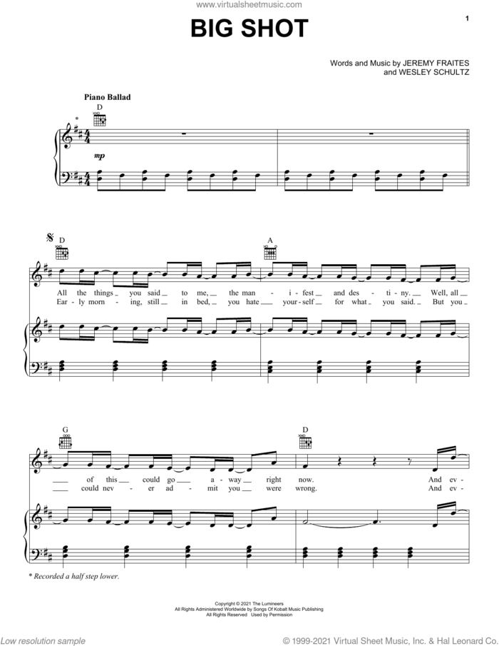 Big Shot sheet music for voice, piano or guitar by The Lumineers, Jeremy Fraites and Wesley Schultz, intermediate skill level