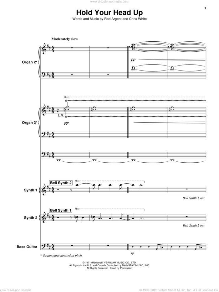 Hold Your Head Up sheet music for keyboard or piano by Argent, Chris White and Rod Argent, intermediate skill level