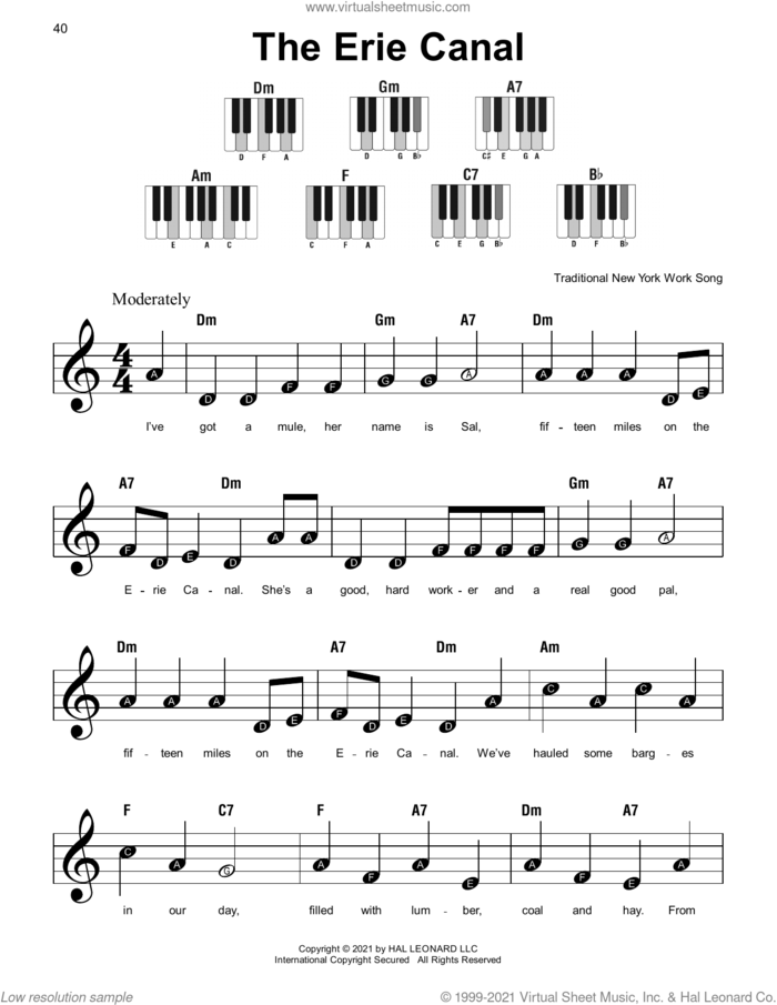 The Erie Canal, (beginner) sheet music for piano solo, beginner skill level