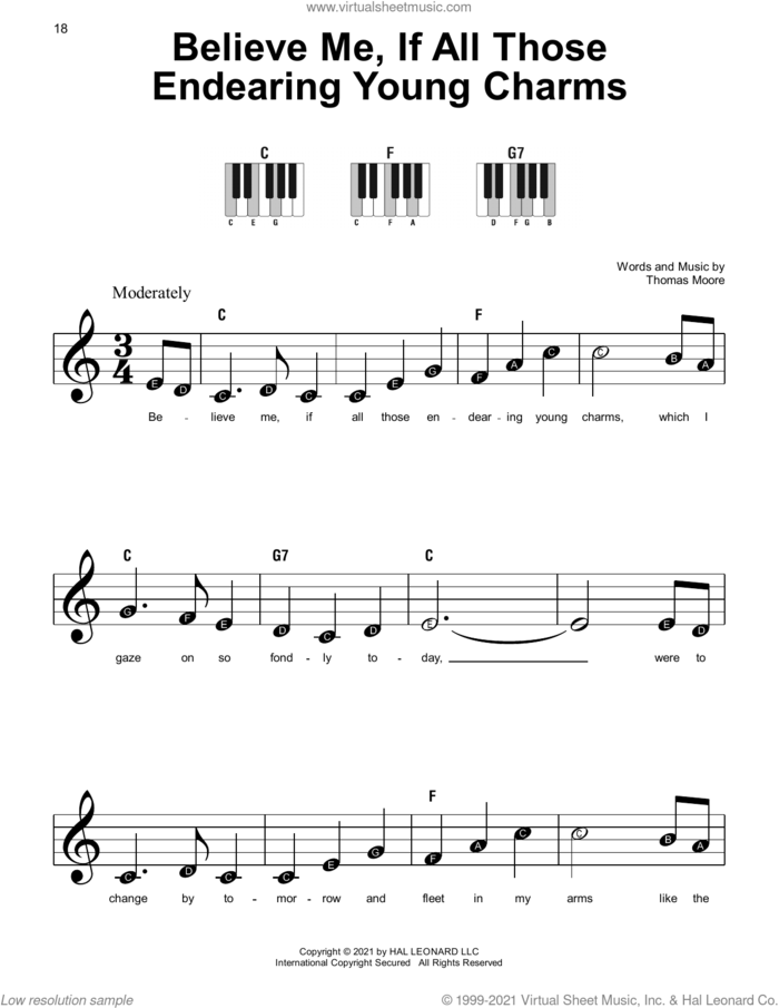 Believe Me, If All Those Endearing Young Charms sheet music for piano solo by Thomas Moore, beginner skill level
