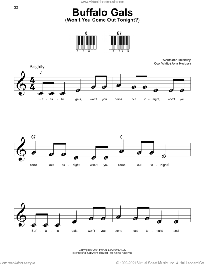 Buffalo Gals (Won't You Come Out Tonight?) sheet music for piano solo by Cool White (John Hodges), beginner skill level