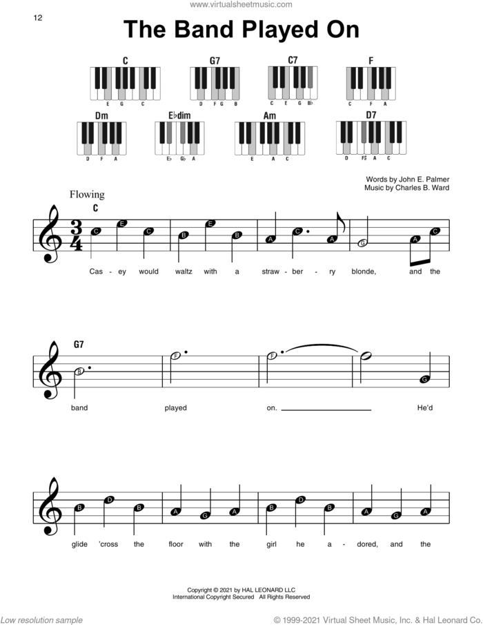 The Band Played On sheet music for piano solo by John E. Palmer and Charles B. Ward, beginner skill level