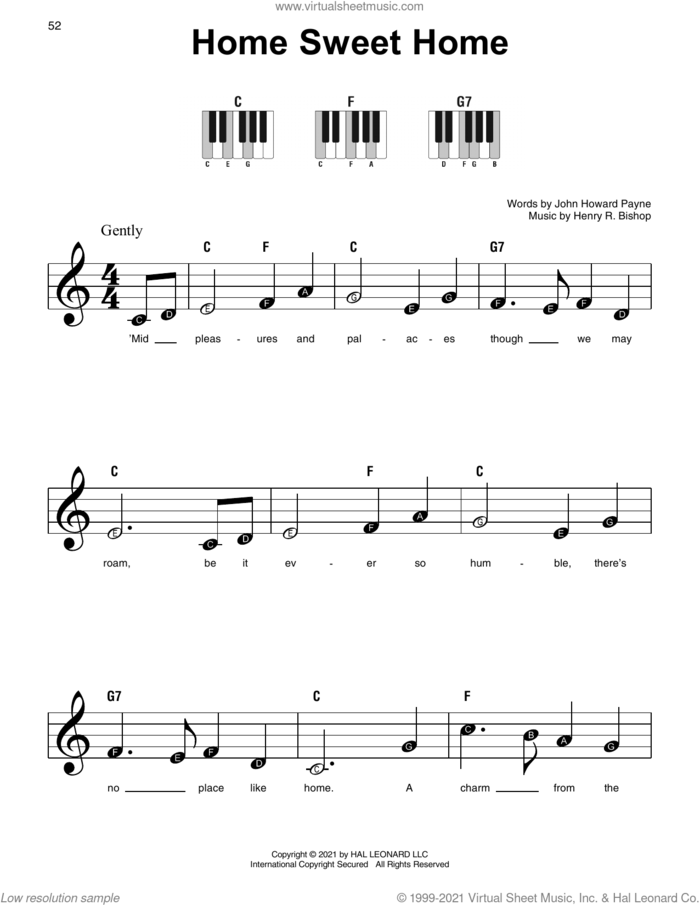 Home Sweet Home sheet music for piano solo by John Howard Payne and Henry Rowley Bishop, beginner skill level