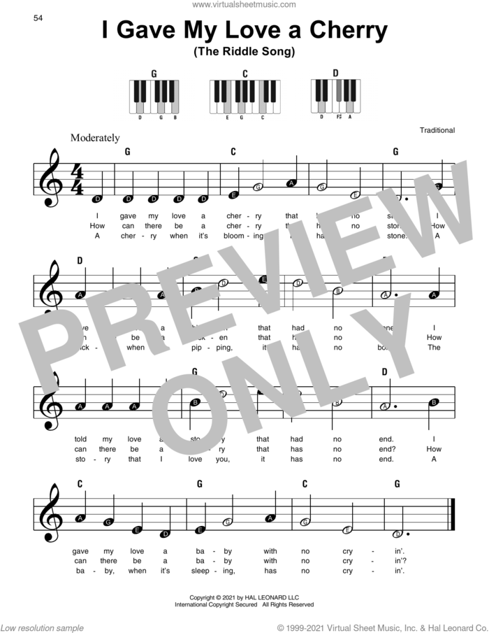 I Gave My Love A Cherry (The Riddle Song) sheet music for piano solo, classical score, beginner skill level