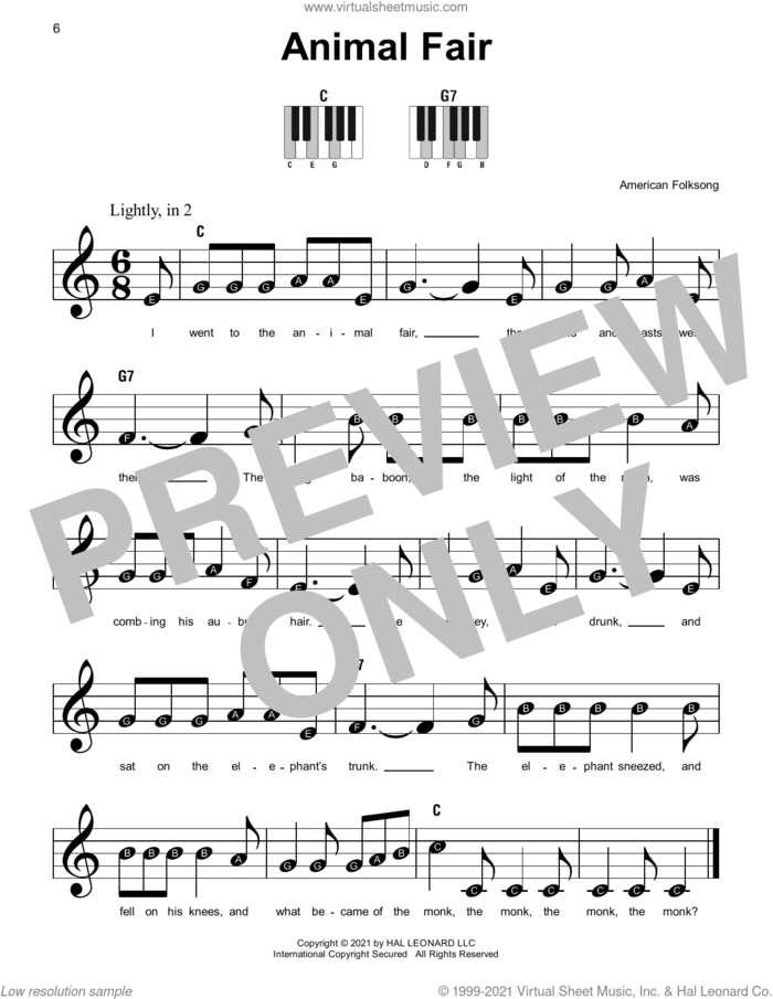 Animal Fair sheet music for piano solo by American Folksong, beginner skill level