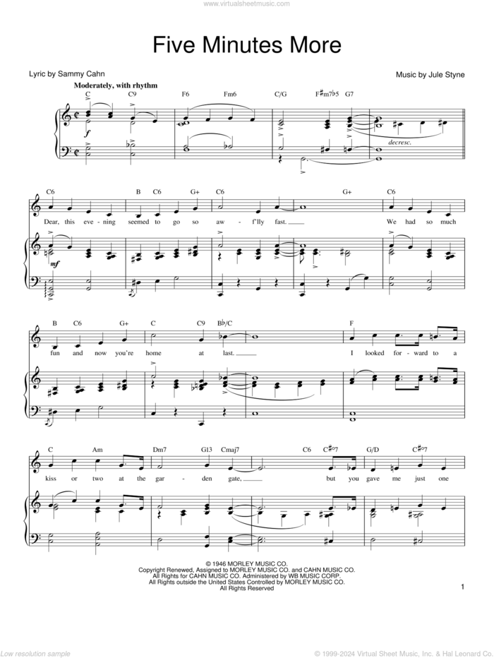 Five Minutes More sheet music for voice, piano or guitar by Frank Sinatra, Jule Styne and Sammy Cahn, intermediate skill level