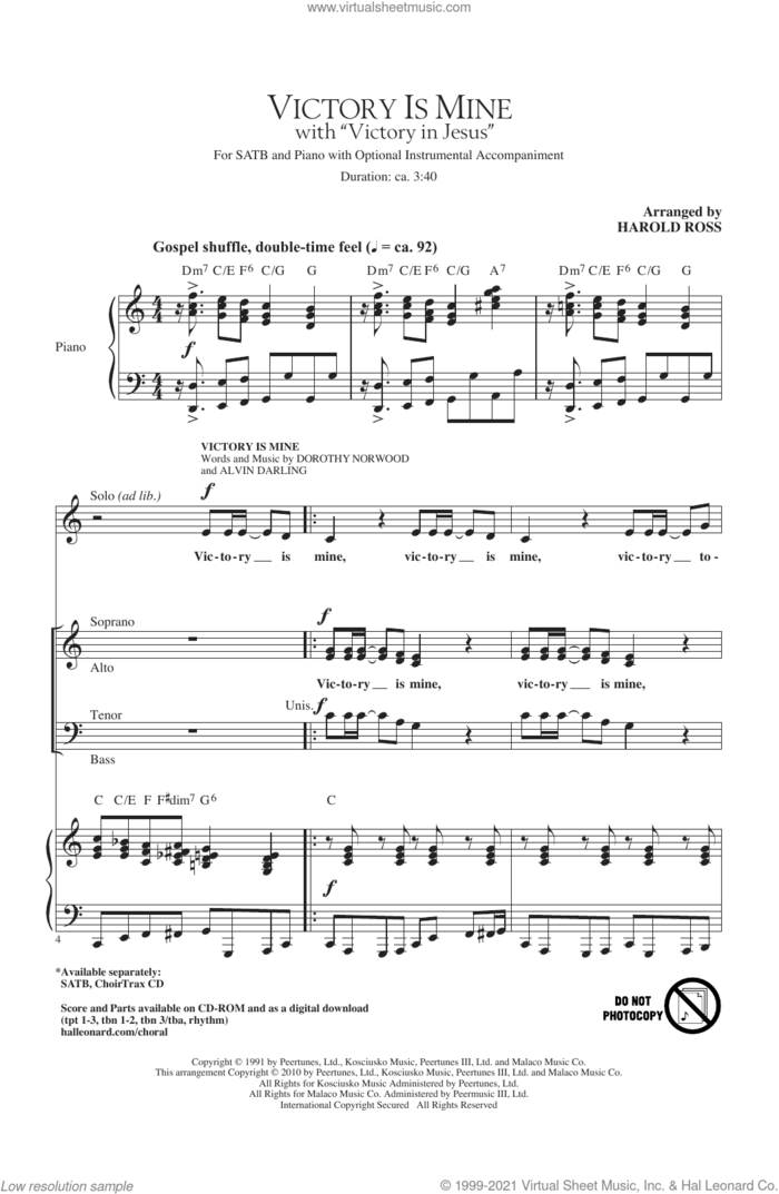 Victory Is Mine (with 'Victory In Jesus') sheet music for choir (SATB: soprano, alto, tenor, bass) by Harold Ross, intermediate skill level