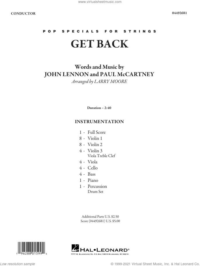 Get Back (arr. Larry Moore) (COMPLETE) sheet music for orchestra by The Beatles, John Lennon, Larry Moore and Paul McCartney, intermediate skill level