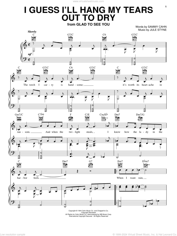 I Guess I'll Hang My Tears Out To Dry sheet music for voice, piano or guitar by Dexter Gordon, Jule Styne and Sammy Cahn, intermediate skill level