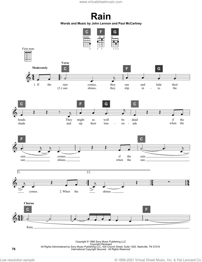 Rain sheet music for ukulele solo (ChordBuddy system) by The Beatles, John Lennon and Paul McCartney, intermediate ukulele (ChordBuddy system)
