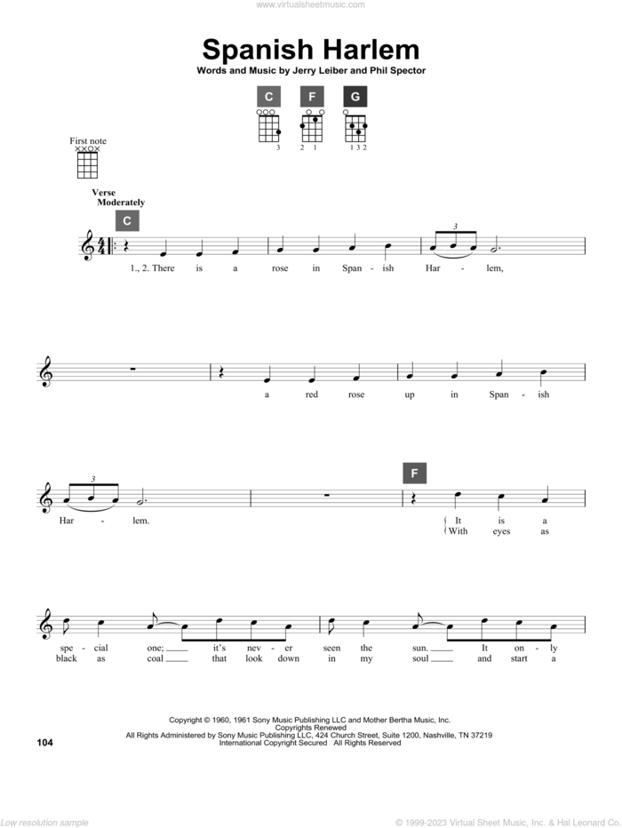 Spanish Harlem sheet music for ukulele solo (ChordBuddy system) by Ben E. King, Aretha Franklin, Jerry Leiber and Phil Spector, intermediate ukulele (ChordBuddy system)