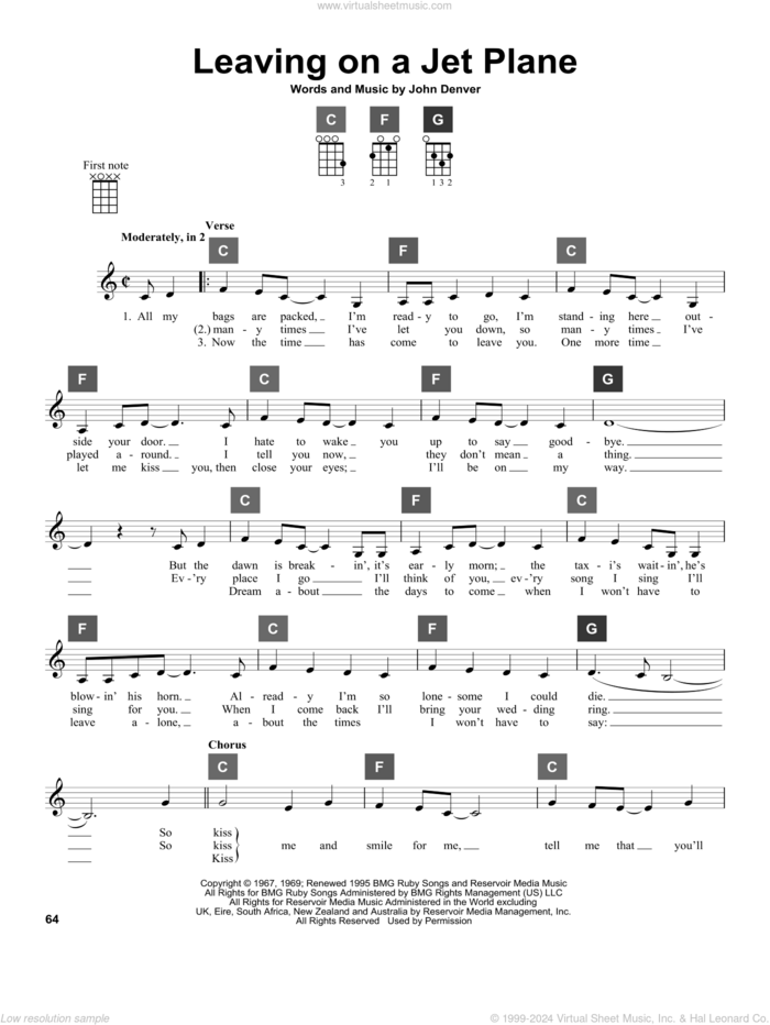 Leaving On A Jet Plane sheet music for ukulele solo (ChordBuddy system) by John Denver, intermediate ukulele (ChordBuddy system)