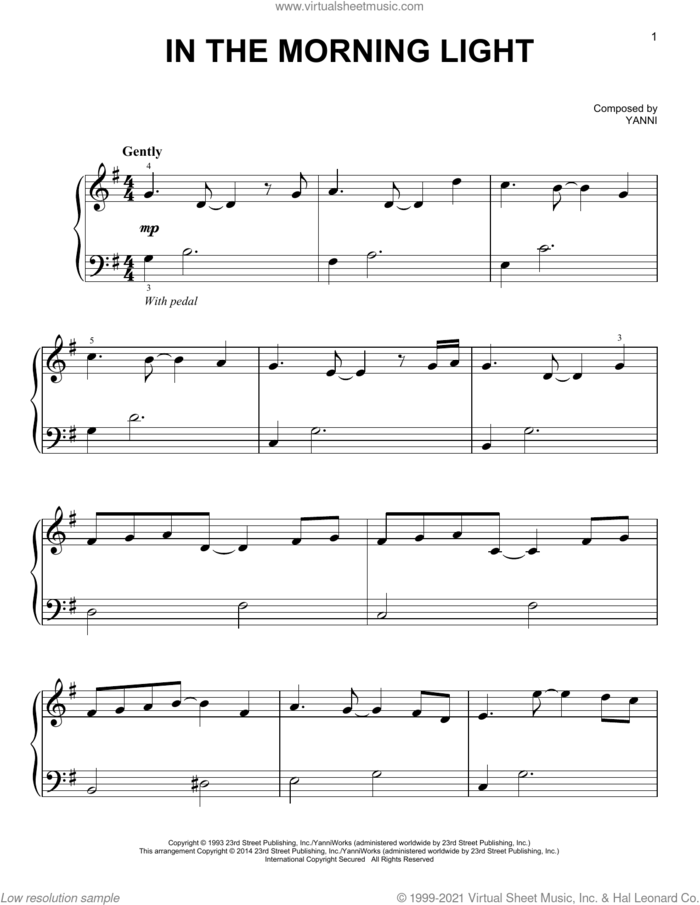 In The Morning Light sheet music for voice and other instruments (E-Z Play) by Yanni, classical score, easy skill level