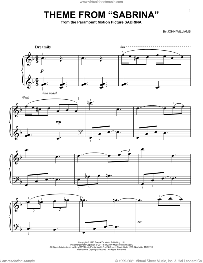Theme from Sabrina sheet music for voice and other instruments (E-Z Play) by John Williams, easy skill level