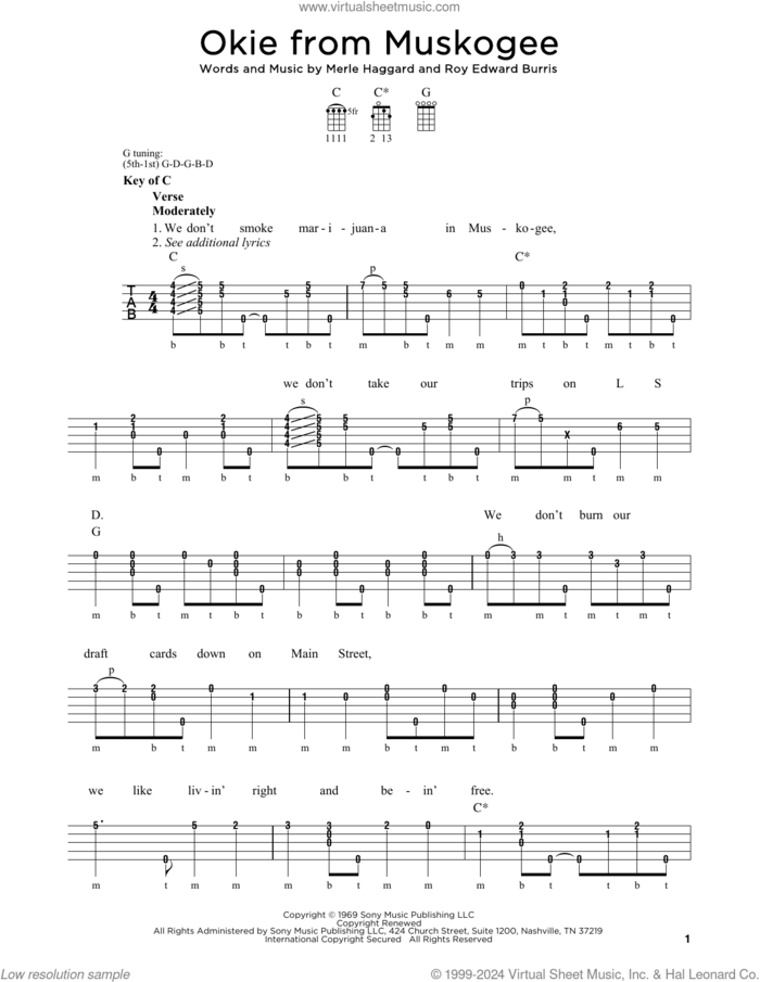 Okie From Muskogee sheet music for banjo solo by Merle Haggard, Michael J. Miles and Roy Edward Burris, intermediate skill level