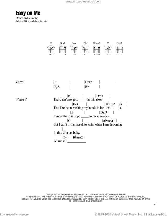 Easy On Me sheet music for guitar (chords) by Adele, Adele Adkins and Greg Kurstin, intermediate skill level