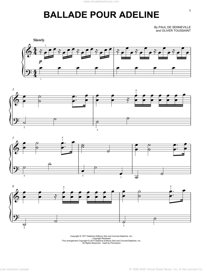 Ballade Pour Adeline sheet music for voice and other instruments (E-Z Play) by Paul de Senneville, classical score, easy skill level