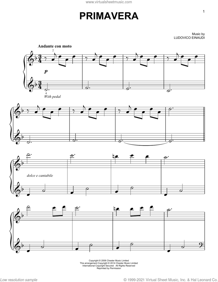 Primavera sheet music for voice and other instruments (E-Z Play) by Ludovico Einaudi, classical score, easy skill level