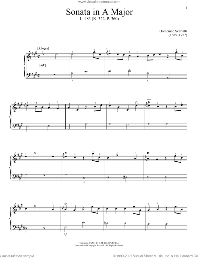 Sonata In A Major, L. 483 sheet music for piano solo by Domenico Scarlatti, classical score, intermediate skill level