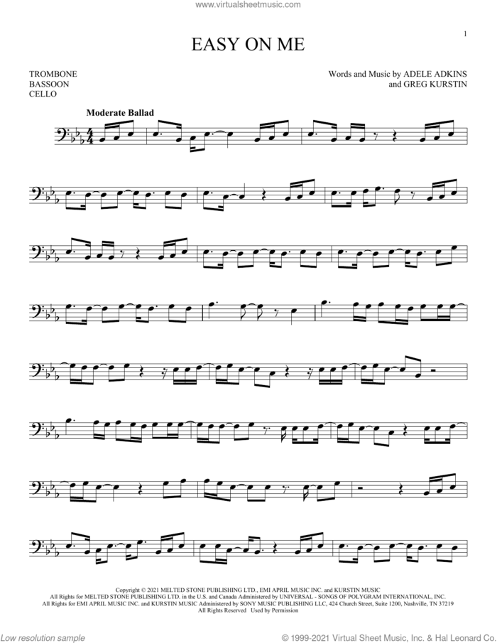 Easy On Me sheet music for Solo Instrument (bass clef) by Adele, Adele Adkins and Greg Kurstin, intermediate skill level