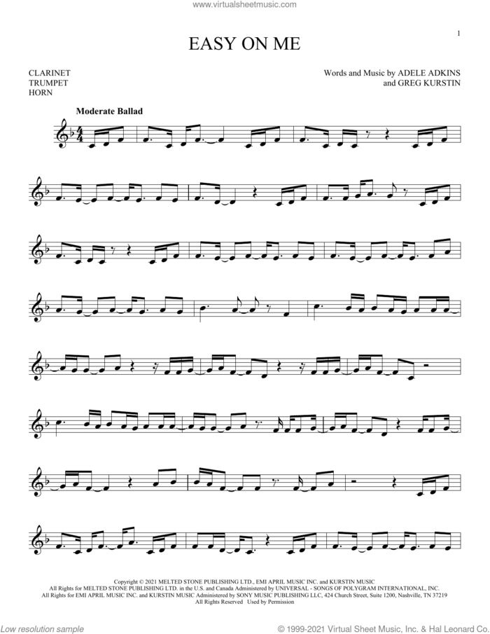 Easy On Me sheet music for Solo Instrument (treble clef low) by Adele, Adele Adkins and Greg Kurstin, intermediate skill level