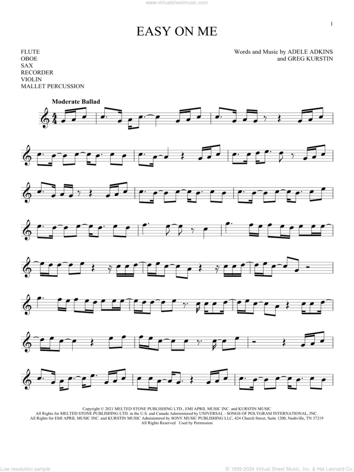 Easy On Me sheet music for Solo Instrument (treble clef high) by Adele, Adele Adkins and Greg Kurstin, intermediate skill level