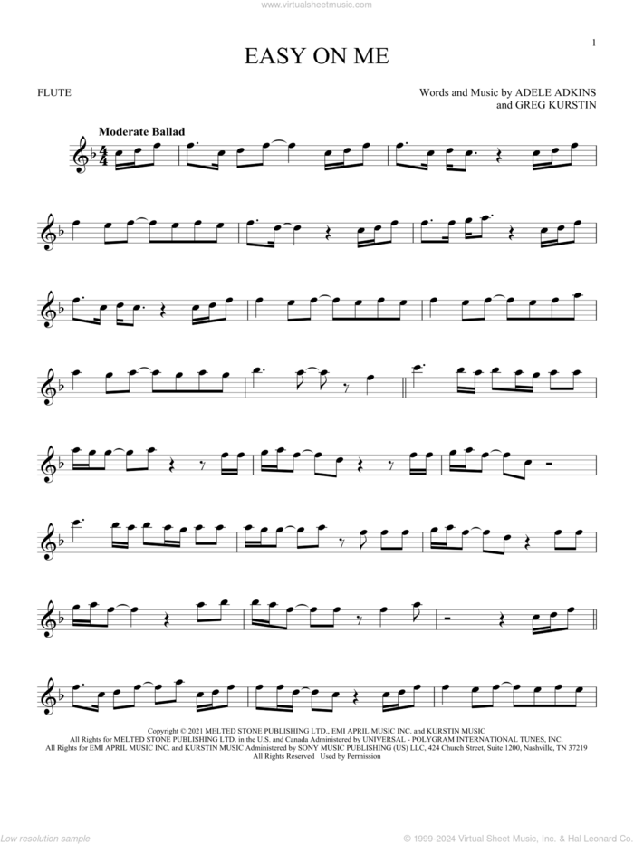 Easy On Me sheet music for Solo Instrument (treble clef high) by Adele, Adele Adkins and Greg Kurstin, intermediate skill level