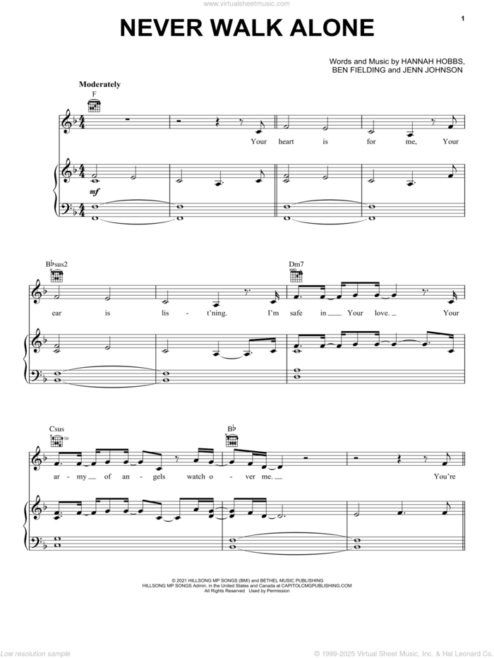 Never Walk Alone sheet music for voice, piano or guitar by Hillsong Worship, Mi-kaisha Rose, Ben Fielding, Hannah Hobbs and Jenn Johnson, intermediate skill level