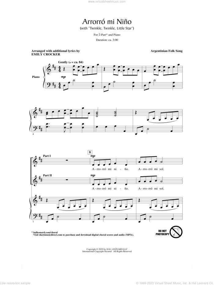 Arrorro Mi Nino (Lullaby, My Baby) (with Twinkle, Twinkle, Little Star) (arr. Emily Crocker) sheet music for choir (2-Part) by Argentinian Folksong and Emily Crocker, intermediate duet