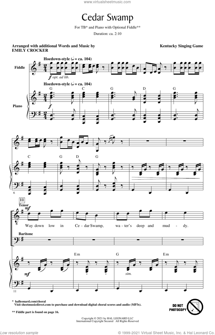 Cedar Swamp sheet music for choir (TB: tenor, bass) by Emily Crocker and Kentucky Singing Game, intermediate skill level