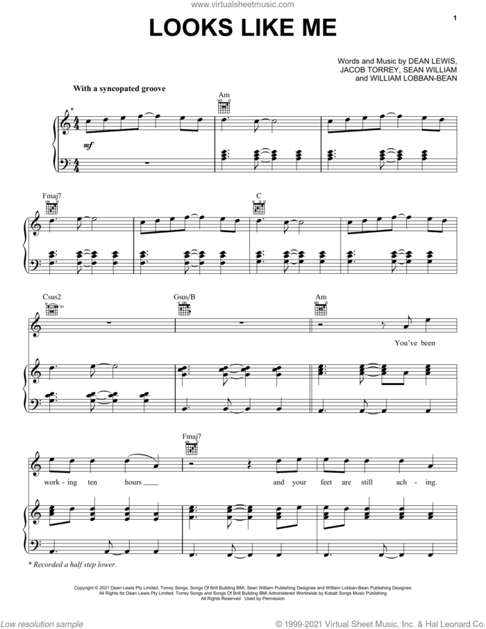 Looks Like Me sheet music for voice, piano or guitar by Dean Lewis, Jacob Torrey, Sean William and William Lobban-Bean, intermediate skill level