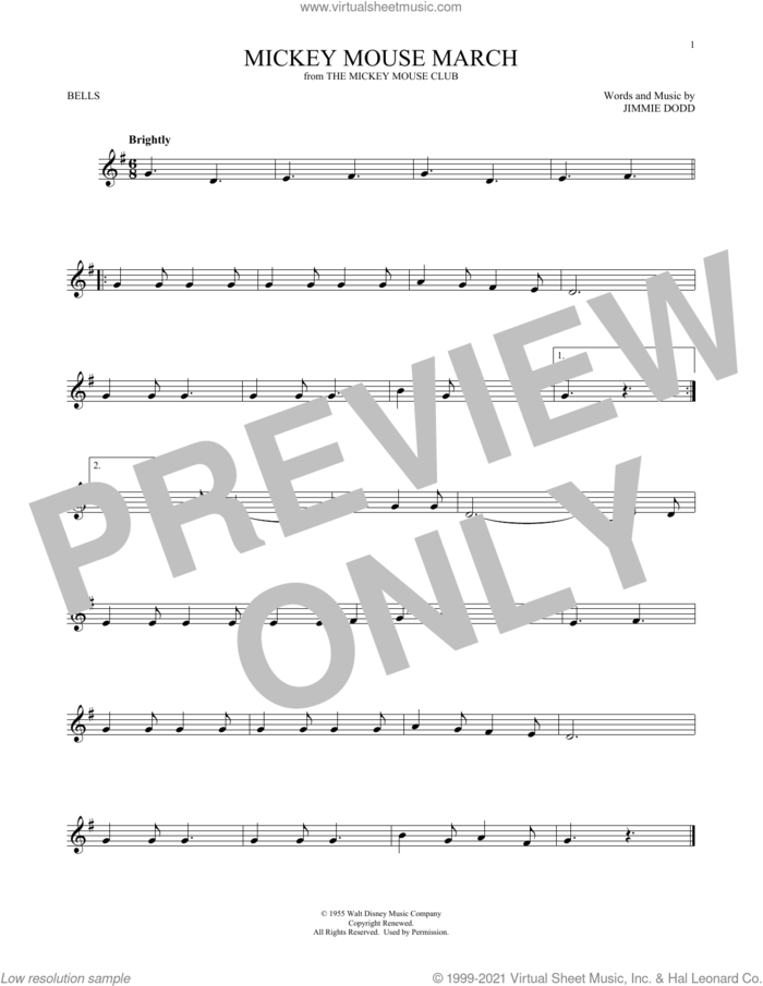 Mickey Mouse March (from The Mickey Mouse Club) sheet music for Hand Bells Solo (bell solo) by Jimmie Dodd, intermediate Hand Bells Solo (bell)