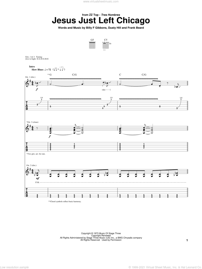 Jesus Just Left Chicago sheet music for guitar (tablature) by ZZ Top, Billy Gibbons, Dusty Hill and Frank Beard, intermediate skill level