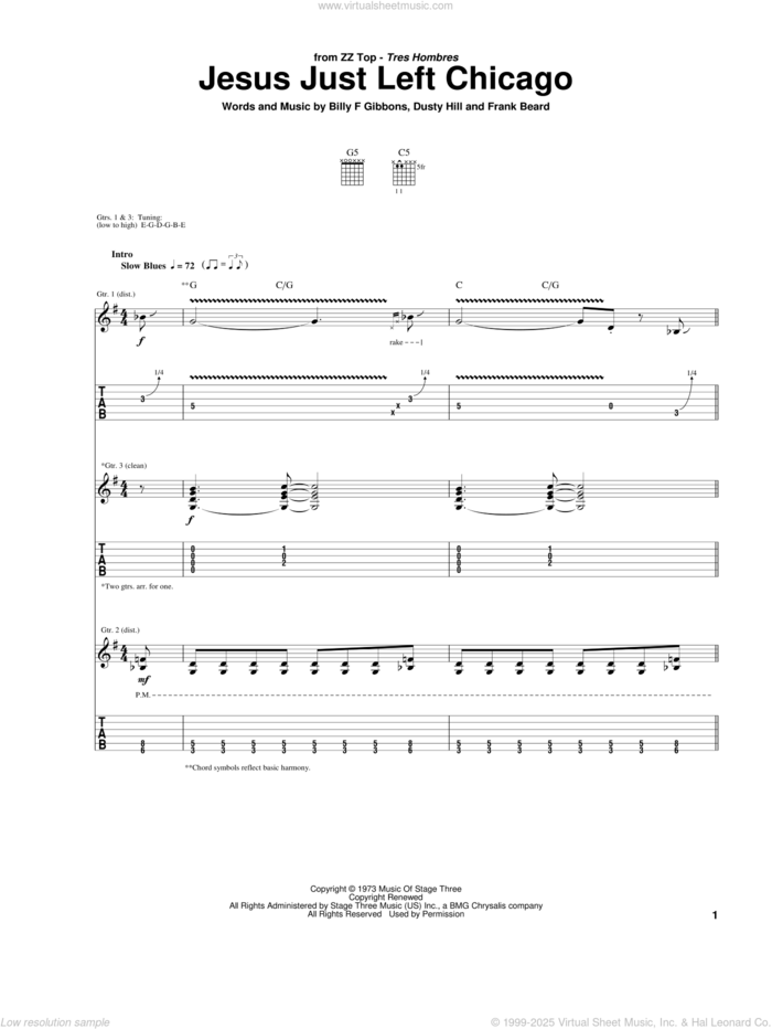 Jesus Just Left Chicago sheet music for guitar (tablature) by ZZ Top, Billy Gibbons, Dusty Hill and Frank Beard, intermediate skill level