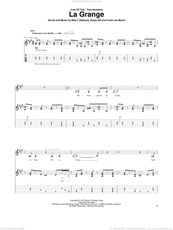 La Grange sheet music for guitar (tablature) by ZZ Top, Billy Gibbons, Dusty Hill and Frank Beard, intermediate skill level