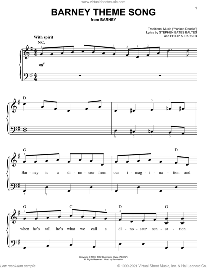 Barney Theme Song (from Barney) sheet music for piano solo by Stephen Bates Baltes and Philip A. Parker, Miscellaneous, Philip A. Parker and Stephen Bates Baltes, easy skill level