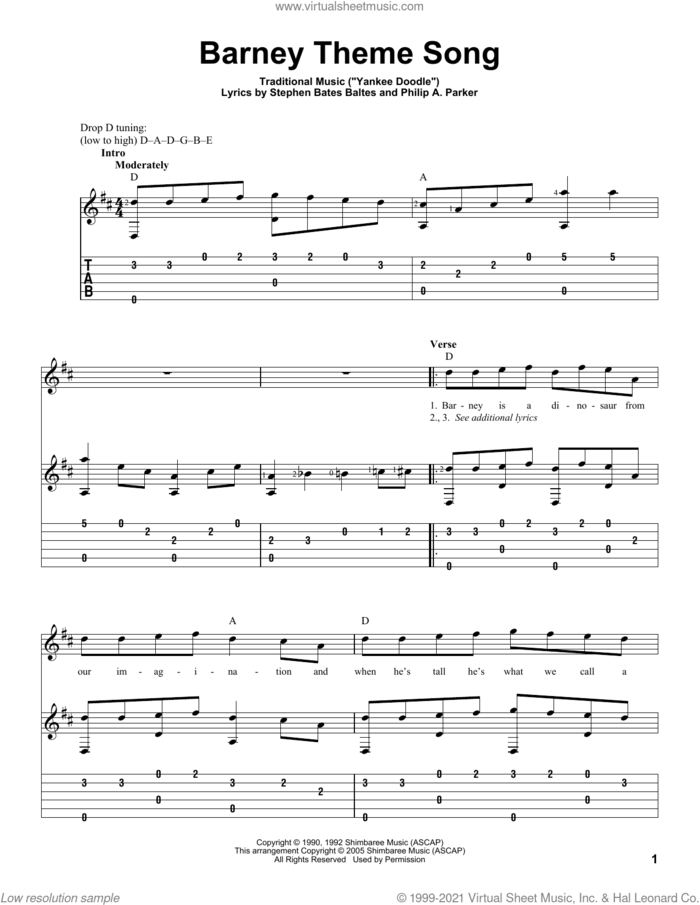 Barney Theme Song (from Barney) sheet music for guitar solo by Stephen Bates Baltes and Philip A. Parker, Miscellaneous, Philip A. Parker and Stephen Bates Baltes, intermediate skill level