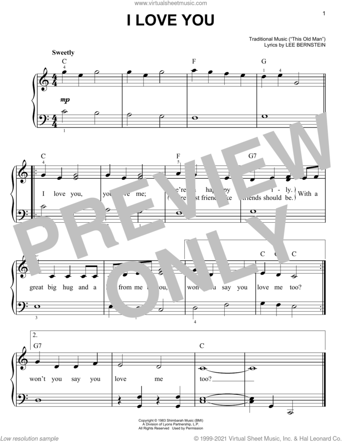 I Love You (from Barney) sheet music for piano solo by Lee Bernstein and Miscellaneous, easy skill level